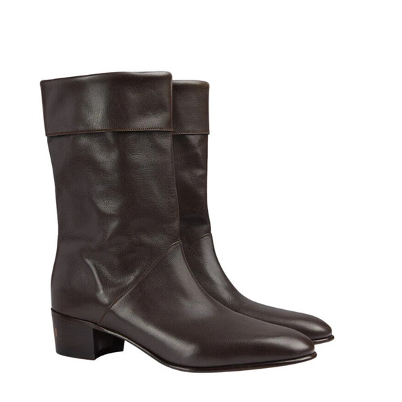 Gucci Men Boots 10/ US 10.5 Cocoa Leather Block Heel Mid Calf Pull-On NIB - Picture 1 of 11